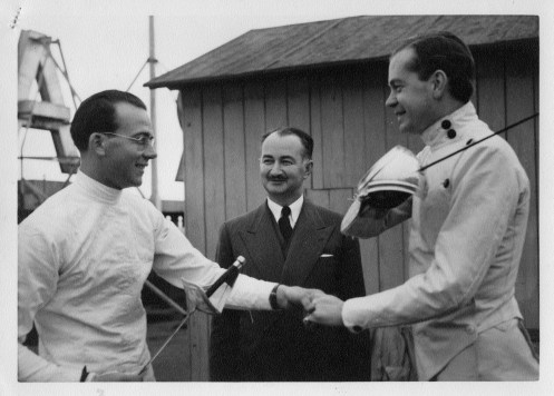 Michael O'Brien (Sabre Champion), Julius Pollack (President AAFF), Hon. Simon Warrander (English Fencer)