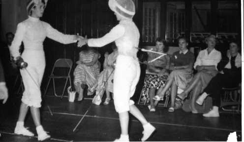 Barbara McCreath Victor over Denise O'Brien (Left), Foreground: Winter Family. (All fencers and spectators from Salla Bella Vista Club)