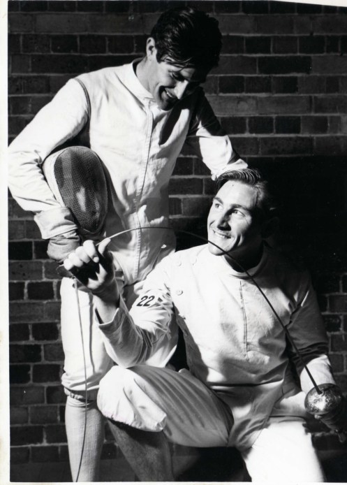 Rod Steele congratulating John Fethers on a triple fencing champion win 1951 Brisbane